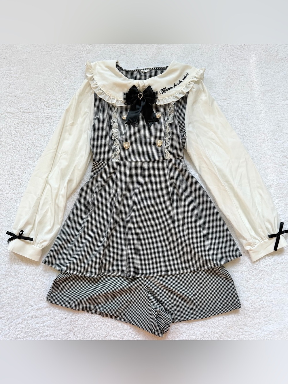 Jirai Kei Ryosan Lolita Bow Lace Tops Japan Idol Black Set Up Plaid Gothic Skirt